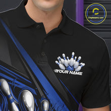 Load image into Gallery viewer, Custom Black And Blue Flame Bowling Team Jersey, Bowling Tournament Men Polo Shirt IPHW11206