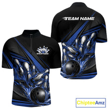 Load image into Gallery viewer, Custom Black And Blue Flame Bowling Team Jersey, Bowling Tournament Men Quarter-Zip Shirt IPHW11206
