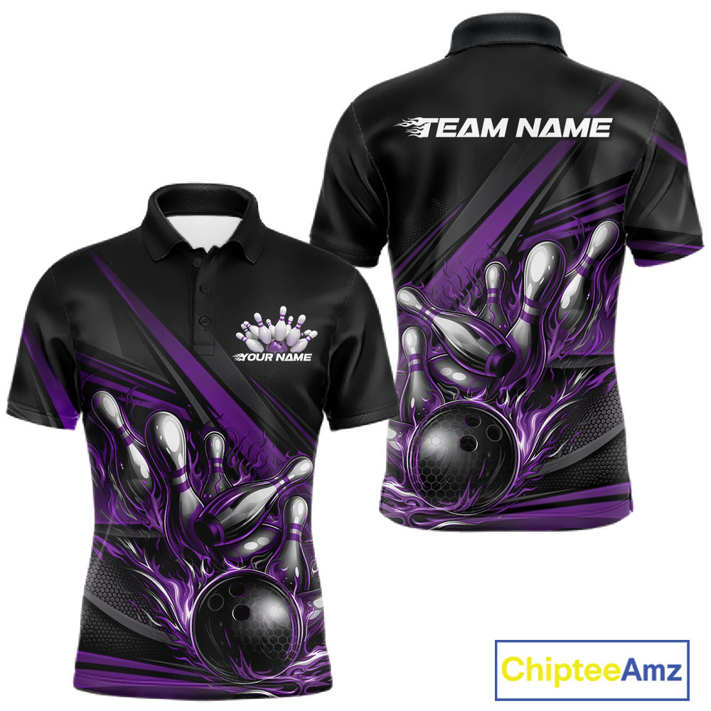 Men’s bowling polo shirt mockup front and back showcasing purple flame bowling ball striking pins with abstract geometric stripe design on black shirt