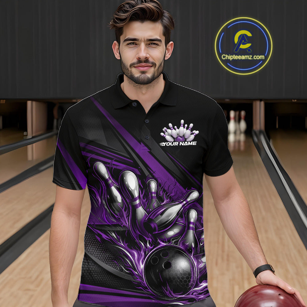 Male model in a bowling lane wearing a black polo shirt, front view featuring purple flame bowling ball hitting pins dynamic artwork