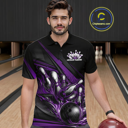 Male model in a bowling lane wearing a black polo shirt, front view featuring purple flame bowling ball hitting pins dynamic artwork