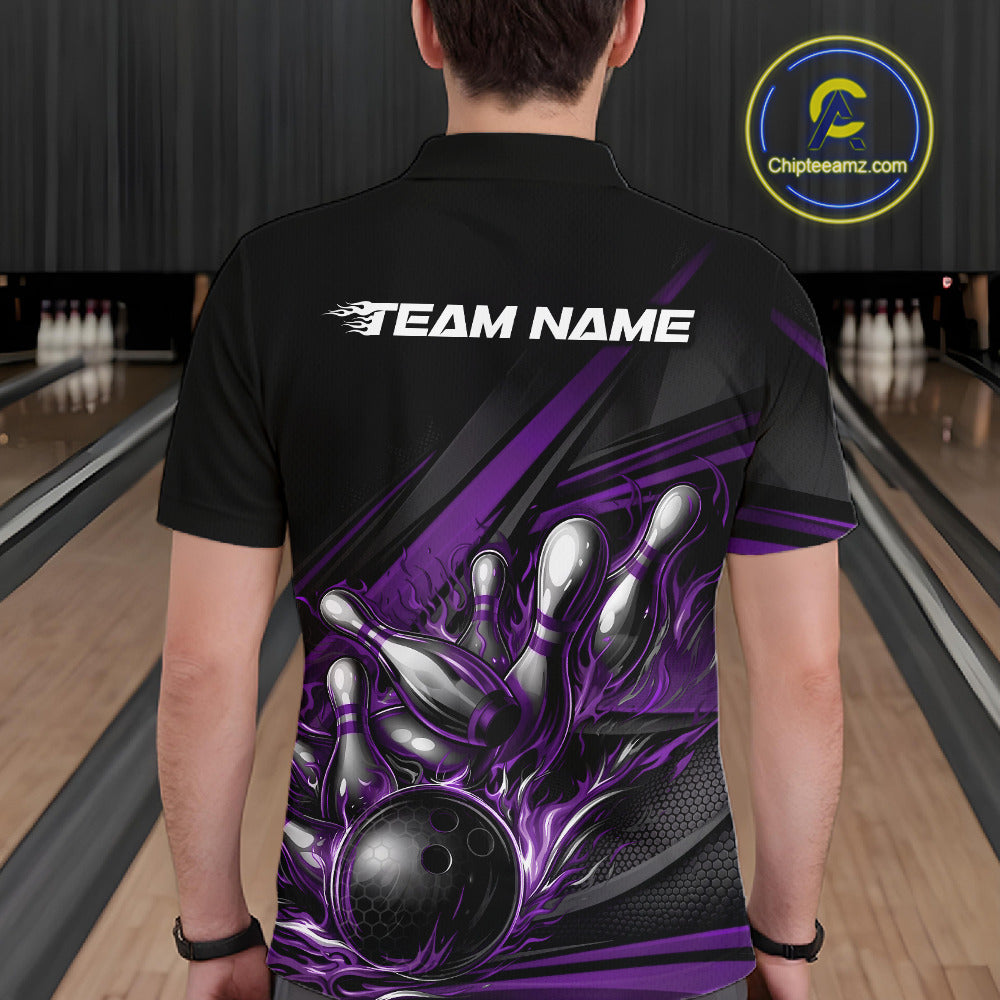 Male model at a bowling lane, back view of black polo shirt displaying purple flame bowling ball and pins with abstract stripe accents