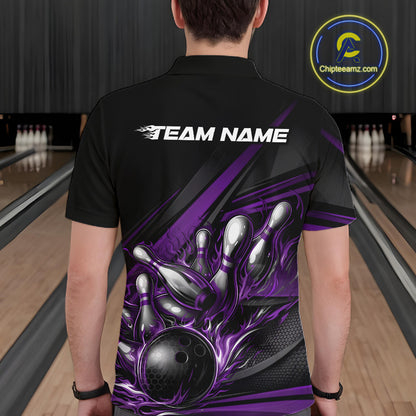 Male model at a bowling lane, back view of black polo shirt displaying purple flame bowling ball and pins with abstract stripe accents