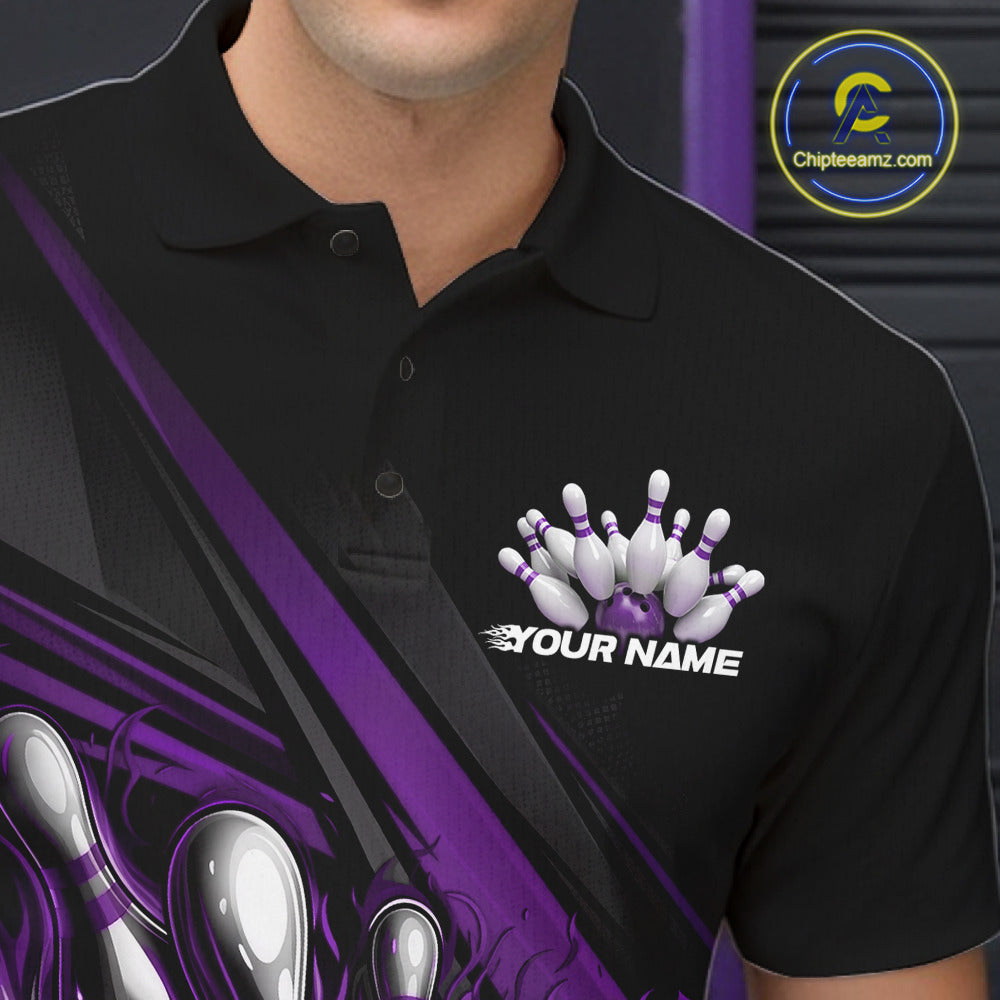 Close-up left chest detail of black bowling polo shirt featuring purple flame bowling ball and pins emblem with geometric design