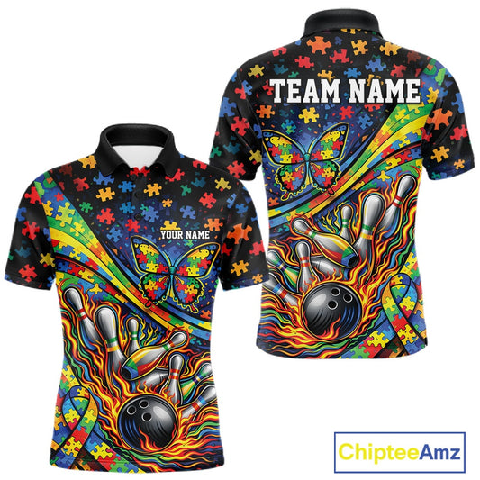 Men’s bowling polo shirt mockup front and back displaying colorful autism awareness ribbon, butterfly, and flame bowling artwork