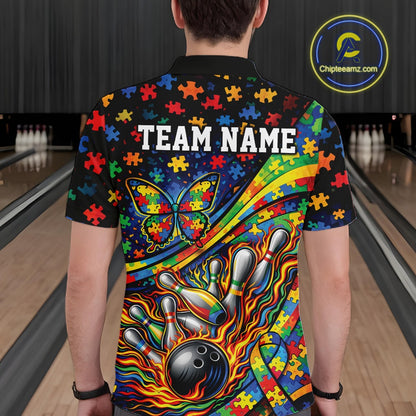 Male model at a bowling lane, back view of colorful polo shirt showcasing autism awareness ribbon, butterfly, and flame bowling graphics