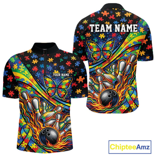 Front and back view of a men’s quarter-zip bowling shirt mockup featuring autism awareness ribbon, butterfly, and flame bowling design in colorful style.