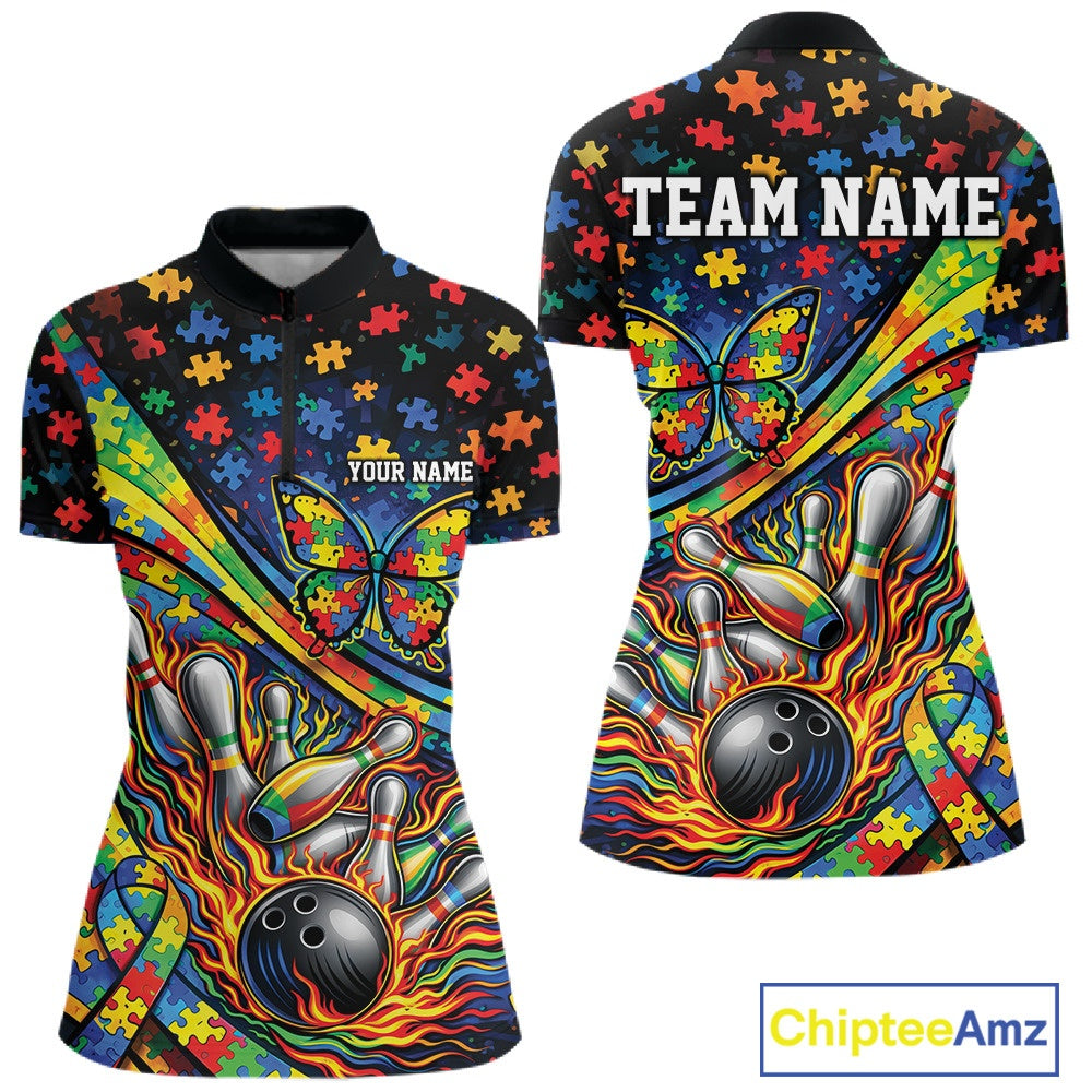 Front and back view of a women’s quarter-zip bowling shirt mockup featuring autism awareness ribbon, butterfly, and flame bowling design in colorful style.