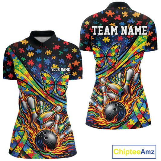 Front and back view of a women’s quarter-zip bowling shirt mockup featuring autism awareness ribbon, butterfly, and flame bowling design in colorful style.
