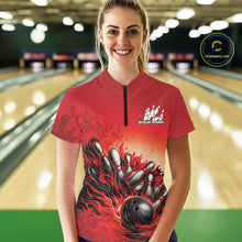 Load image into Gallery viewer, Custom Red Flame Bowling Tournament Women Quarter-Zip Shirt, Fire Bowling League Shirt IPHW11215