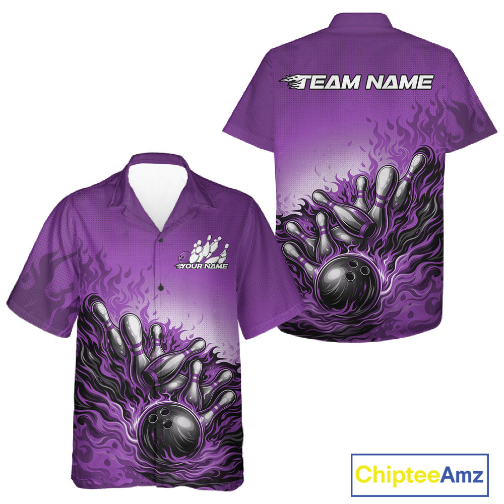 Button-up bowling shirt mockup displaying purple shirt with flame bowling ball hitting pins bold action illustration