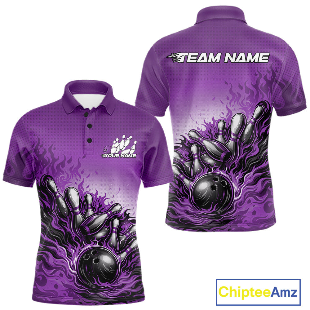Men’s bowling polo shirt mockup front and back showcasing flame bowling ball striking pins design on a purple shirt