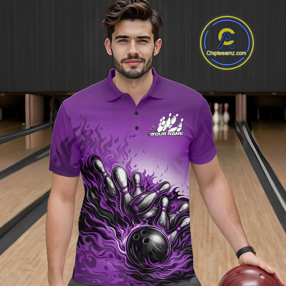 Male model in a bowling lane wearing a purple polo shirt, front view featuring flame bowling ball hitting pins dynamic artwork