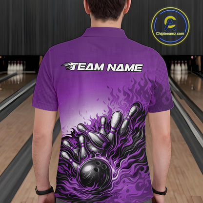 Male model at a bowling lane, back view of purple polo shirt displaying flame bowling ball striking pins graphic design
