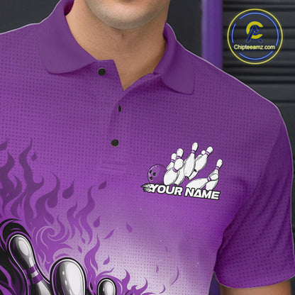 Close-up left chest detail of purple bowling polo shirt featuring flame bowling ball and pins emblem design