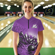 Load image into Gallery viewer, Custom Purple Flame Bowling Tournament Women Quarter-Zip Shirt, Bowling League Shirt IPHW11217