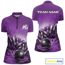 Load image into Gallery viewer, Custom Purple Flame Bowling Tournament Women Quarter-Zip Shirt, Bowling League Shirt IPHW11217