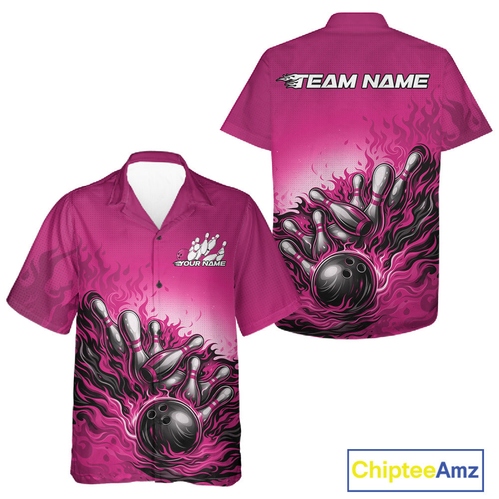 Button-up bowling shirt mockup featuring pink shirt with flame bowling ball knocking down pins energetic bowling-themed graphics