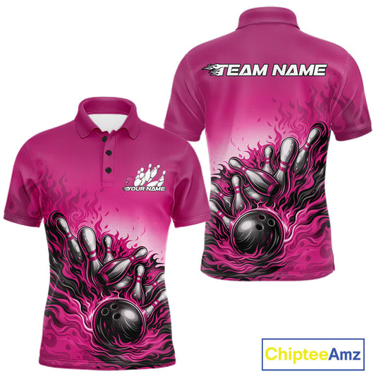 Men’s bowling polo shirt mockup front and back showing flame bowling ball striking pins design on a pink shirt