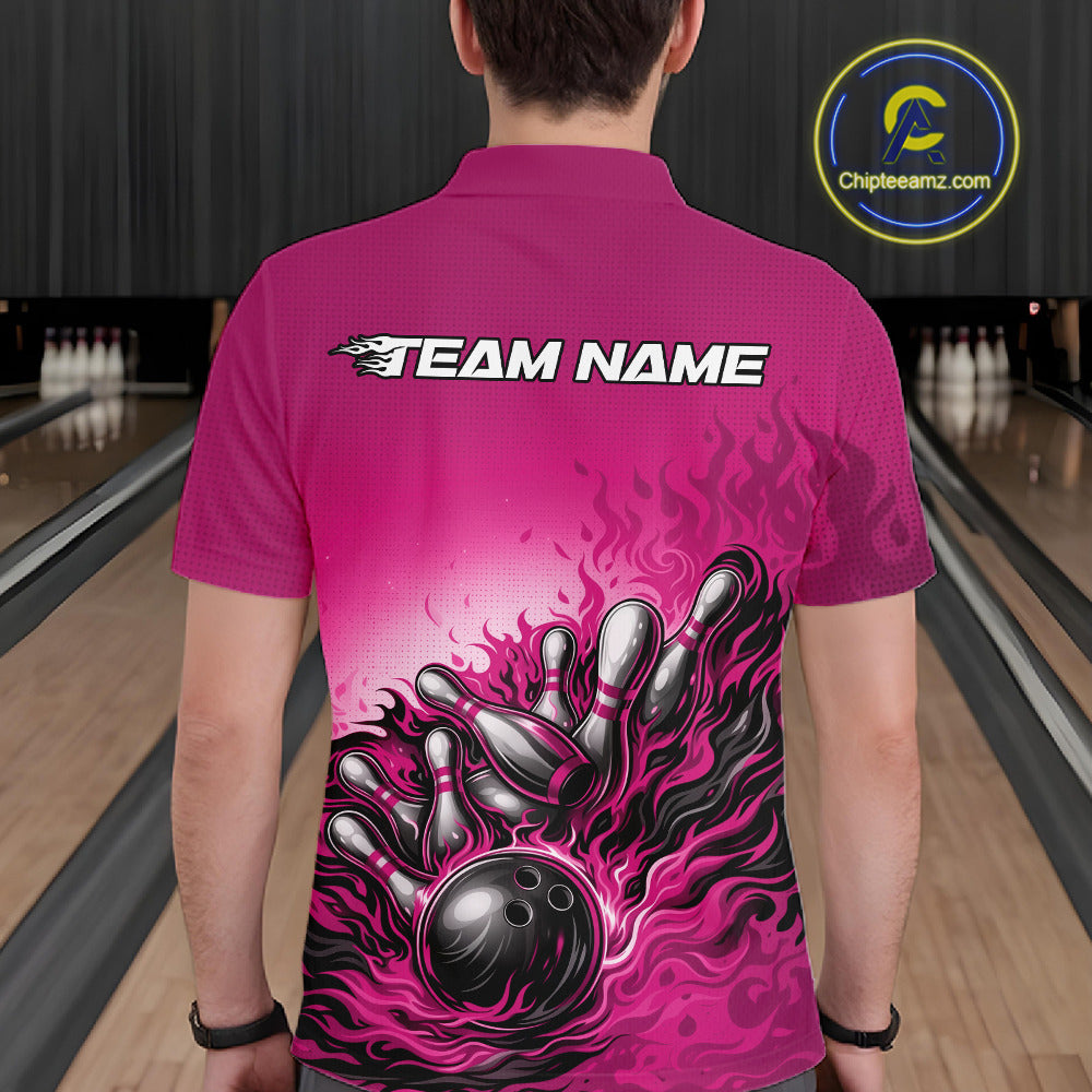 Male model at a bowling lane, back view of pink polo shirt showcasing flame bowling ball striking pins dynamic graphic design