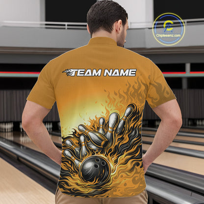 Male model in a bowling lane wearing a yellow quarter-zip shirt, fiery bowling strike artwork with dynamic pin impact visuals.
