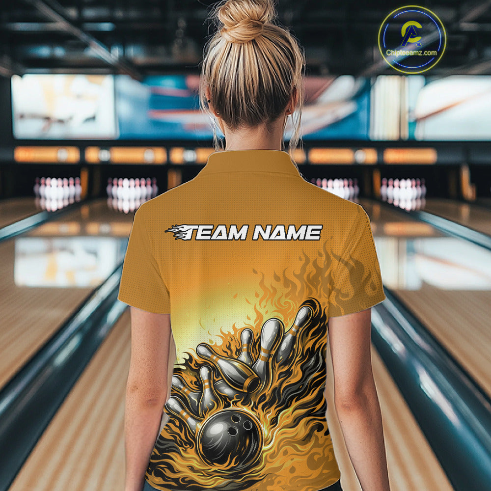 Back view of a female bowler wearing a yellow quarter-zip shirt, flame bowling ball and pins illustration with dynamic motion style.