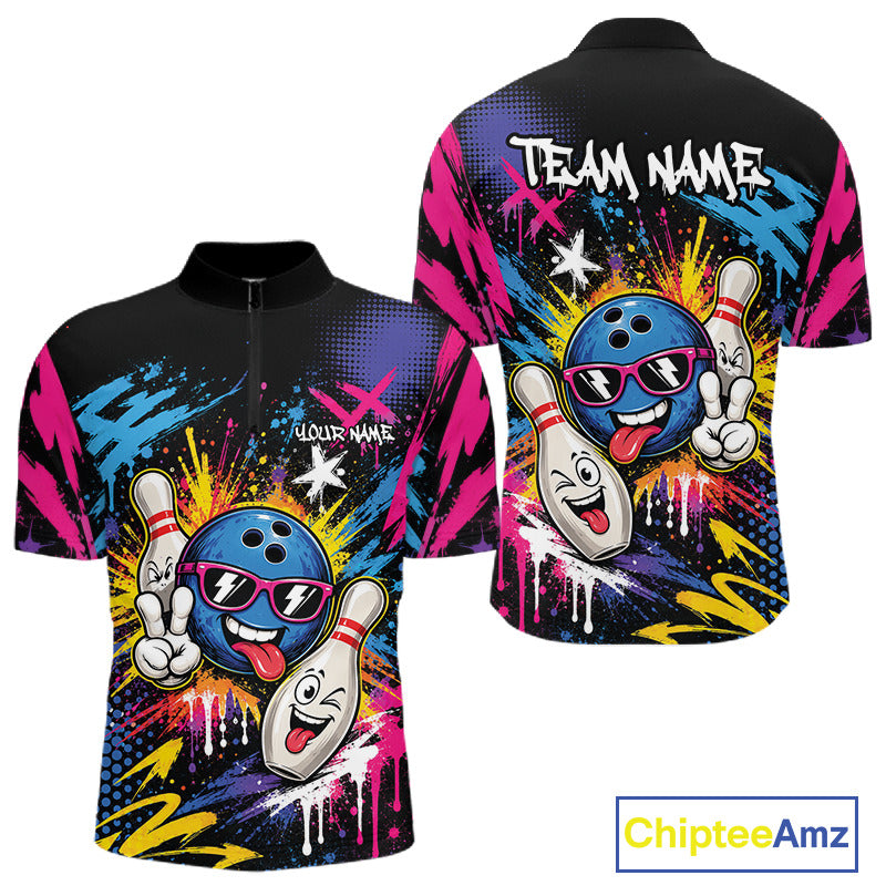 Custom Funny Colorful Paint Splatter Bowling Men Quarter Zip Shirt, Graffity Bowling Jersey IPHW11803