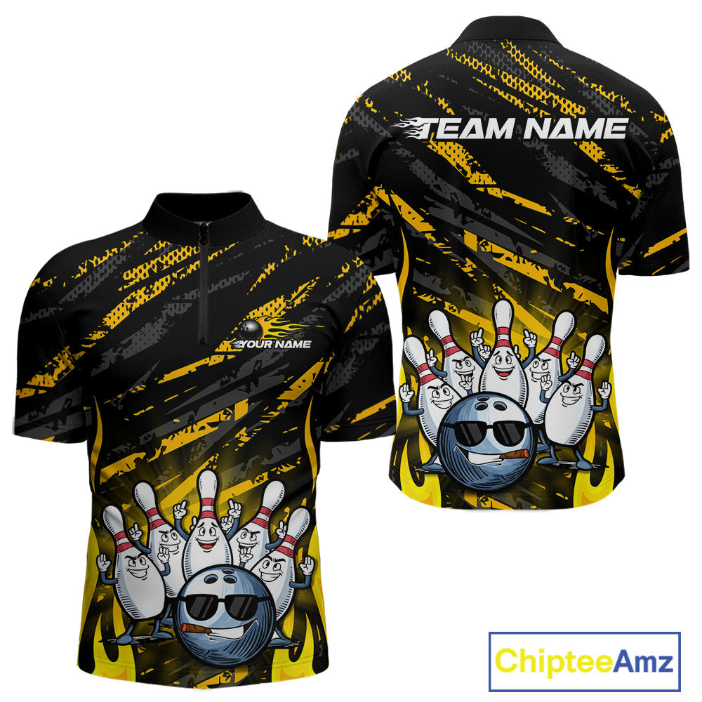 Custom Yellow Camo Funny Flame Bowling Men Quarter-Zip Shirts, Bowling Team League Shirt IPHW10090