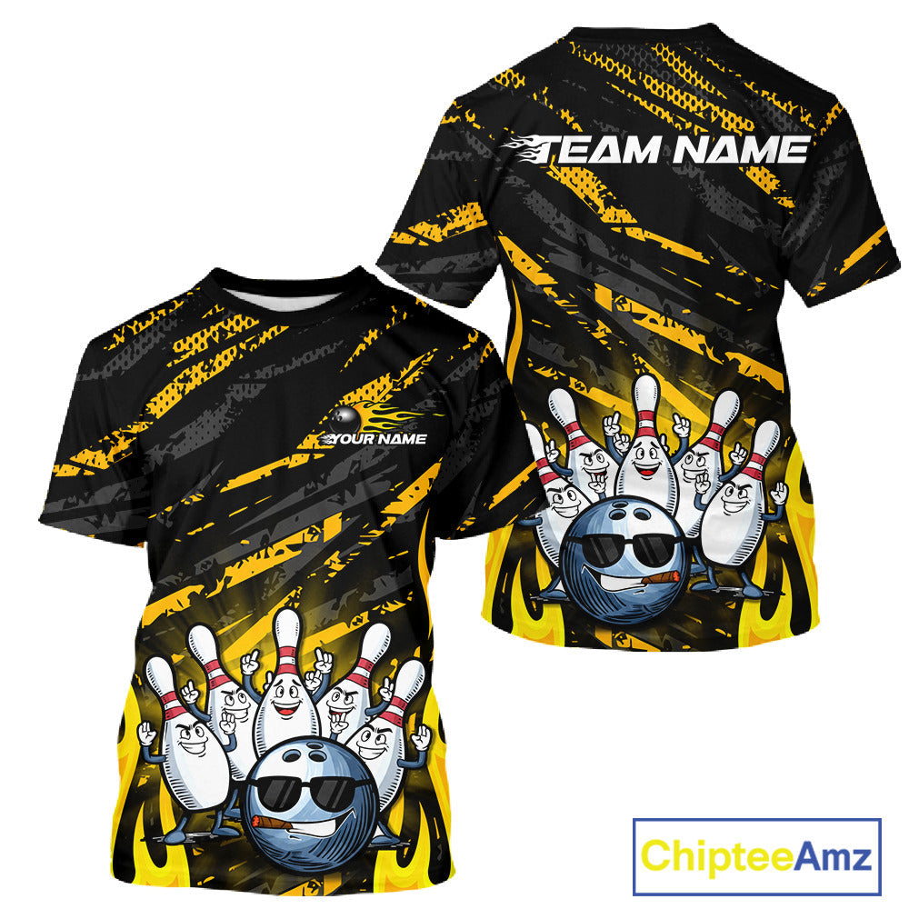 Custom Yellow Camo Funny Flame Bowling Men T-Shirts, Bowling Team League IPHW10090