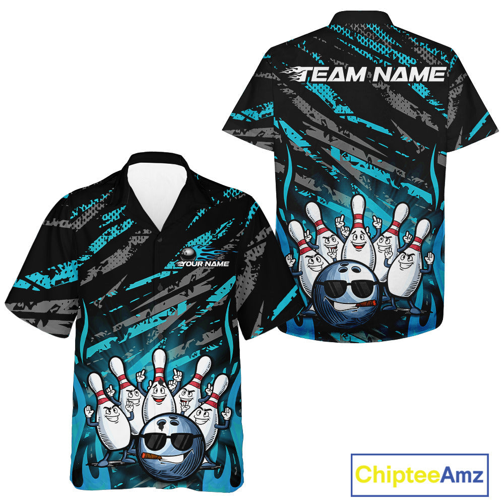 Custom Blue Camo Funny Flame Bowling Men And Women Hawaiian Shirts, Bowling Team League Shirt IPHW10092
