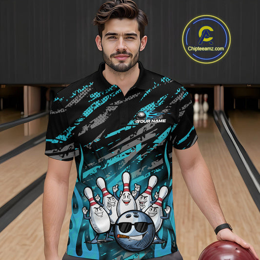 Custom Blue Camo Funny Flame Bowling Men Polo Shirts, Bowling Team League Shirt IPHW10092