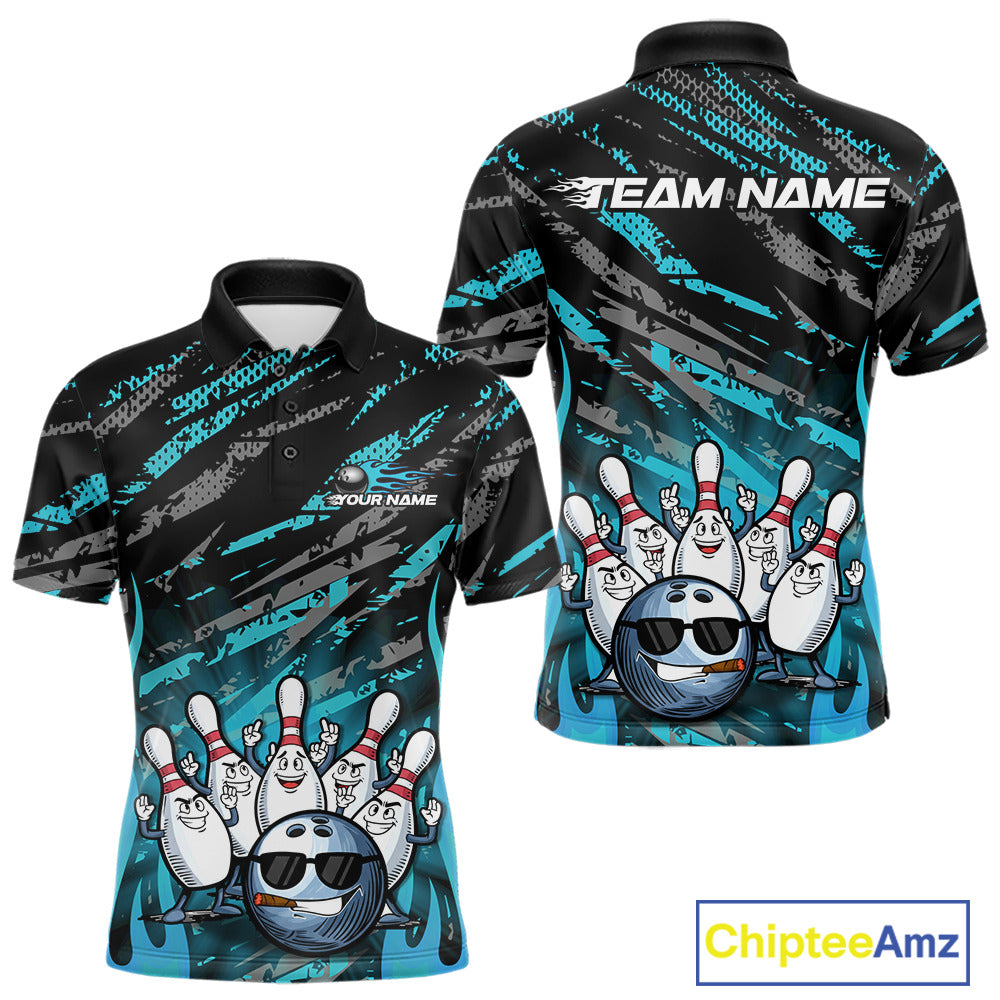 Custom Blue Camo Funny Flame Bowling Men Polo Shirts, Bowling Team League Shirt IPHW10092