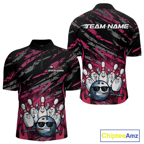 Custom Pink Camo Funny Flame Bowling Men Quarter-Zip Shirts, Bowling Team League Shirt IPHW10093