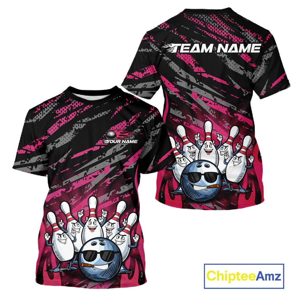 Custom Pink Camo Funny Flame Bowling Men T-Shirts, Bowling Team League IPHW10093