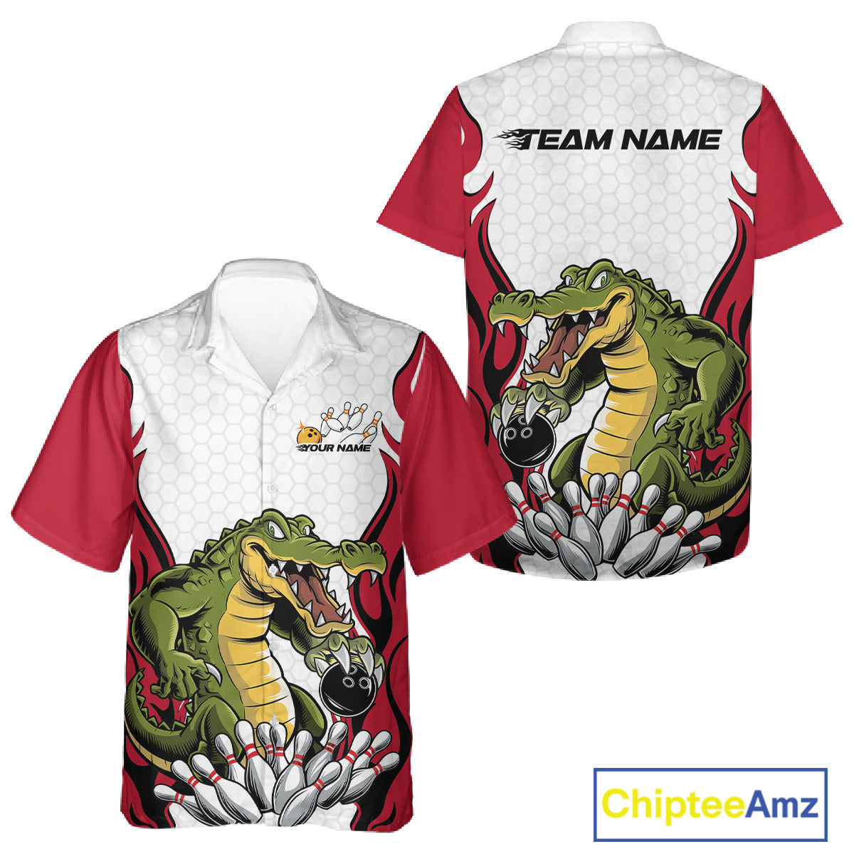 Custom Funny Alligator Bowling Men And Women Hawaiian Shirt, Alligator Red Bowling Team League Shirt IPHW10683