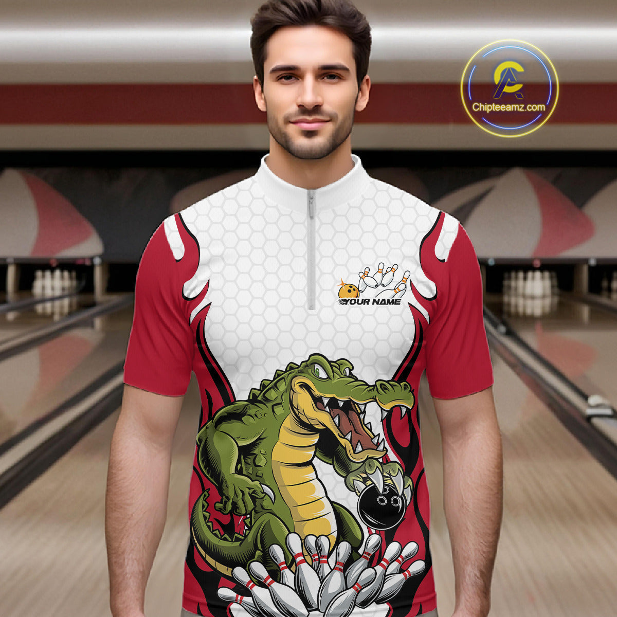 Custom Funny Alligator Bowling Men Quarter-Zip Shirt, Alligator Red Bowling Team League Shirt IPHW10683