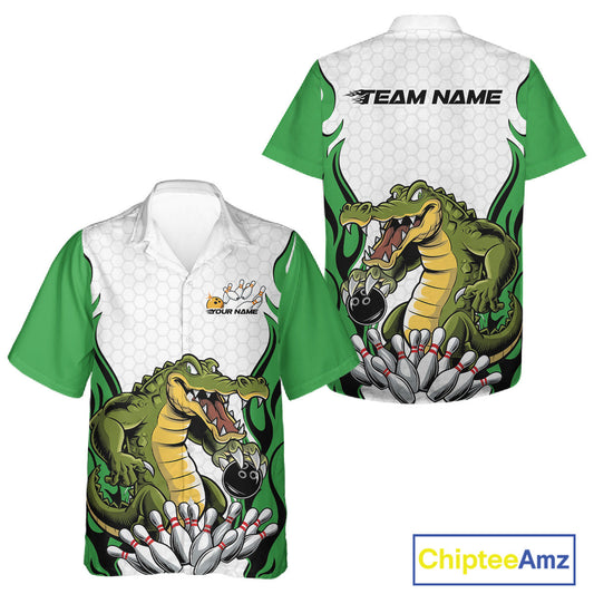 Custom Funny Alligator Bowling Men And Women Hawaiian Shirt, Alligator Green Bowling Team League Shirt IPHW10685