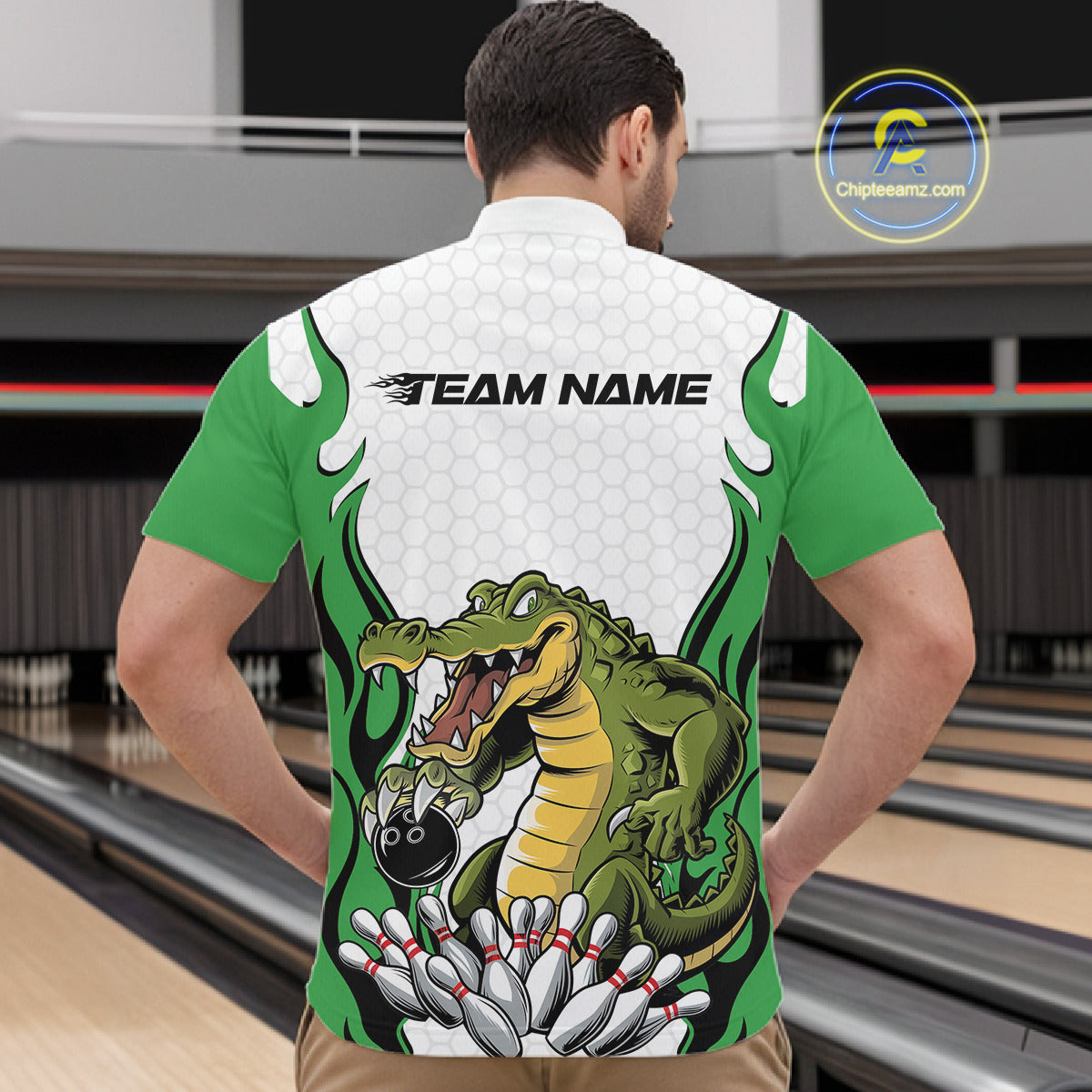 Custom Funny Alligator Bowling Men Quarter-Zip Shirt, Alligator Green Bowling Team League Shirt IPHW10685