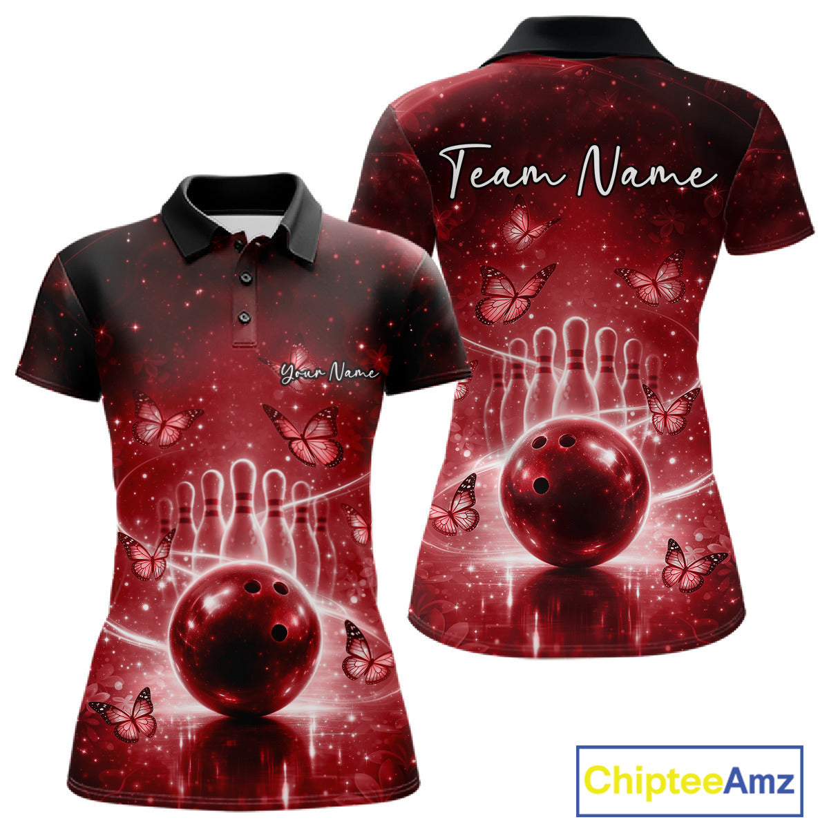 Custom Red Butterfly Women Bowling Polo Shirt, Ladies Bowling League Shirt IPHW10921