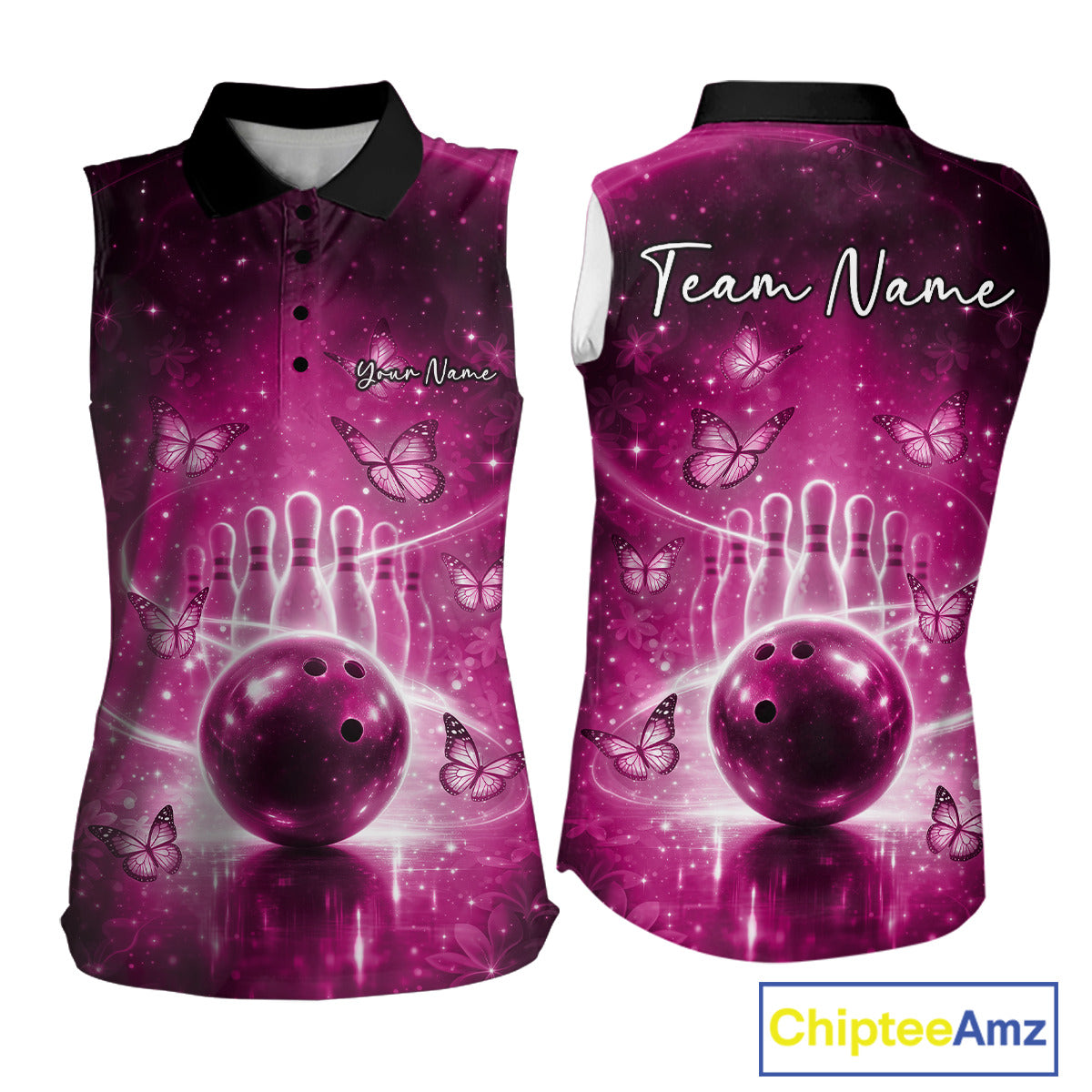 Custom Pink Butterfly Women Bowling Sleeveless Polo Shirt, Ladies Bowling League Shirt IPHW10923