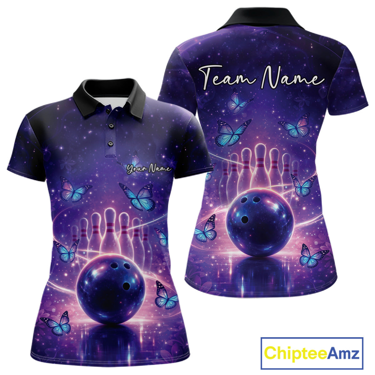 Custom Blue And Purple Butterfly Women Bowling Polo Shirt, Ladies Bowling League Shirt IPHW10925