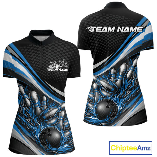 Women’s quarter zip bowling shirt mockup in black with blue accents, flame bowling ball and pins graphic on athletic apparel presentation