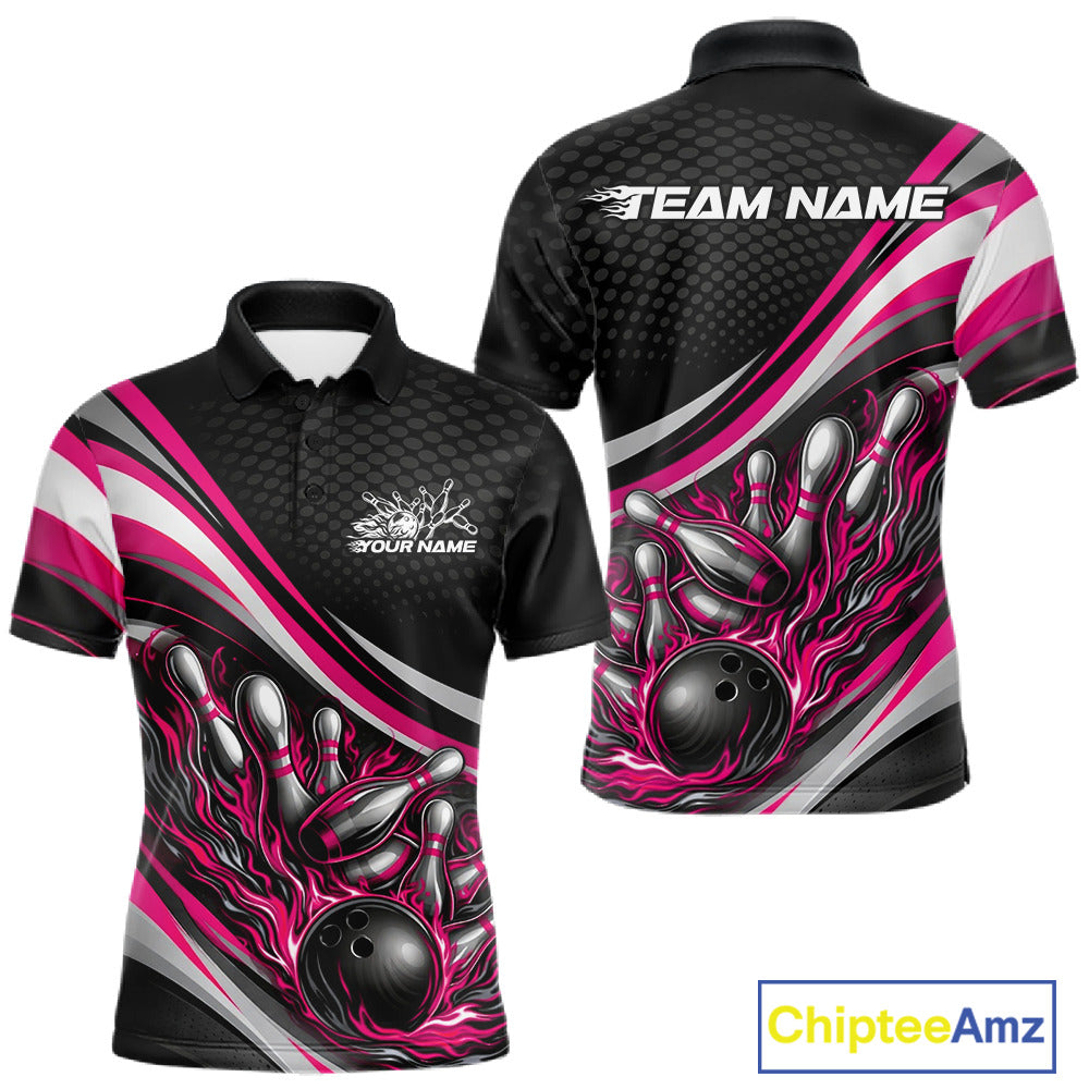 Front and back view of a men’s polo shirt mockup in black and pink, featuring flame bowling ball striking pins sporty illustration.