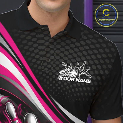 Close-up view of left chest area of a black and pink polo shirt, showing small flame bowling ball and pins graphic detail.