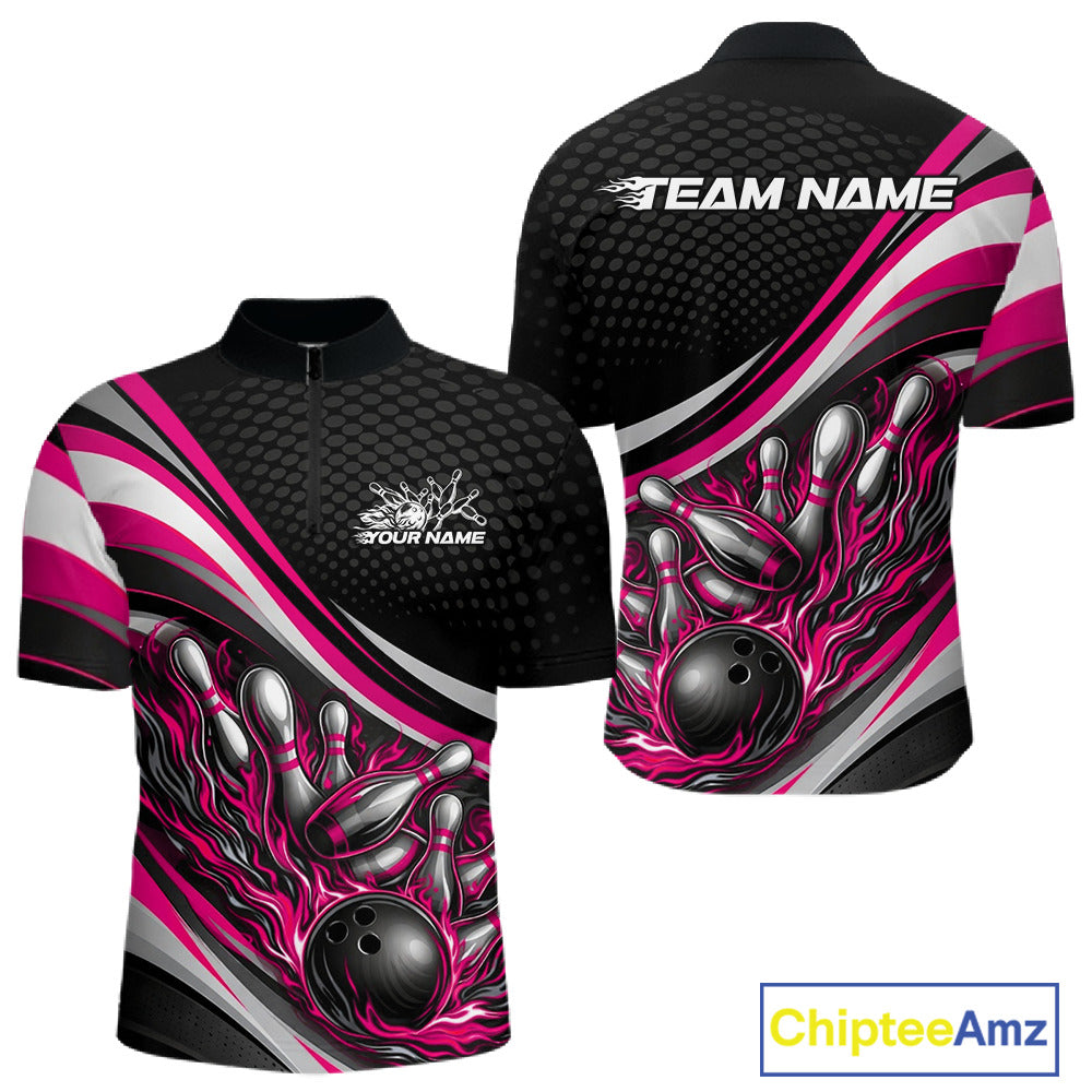 Front and back view of a men’s quarter-zip bowling shirt mockup in black and pink, featuring flame bowling ball and pins with vibrant sporty design.