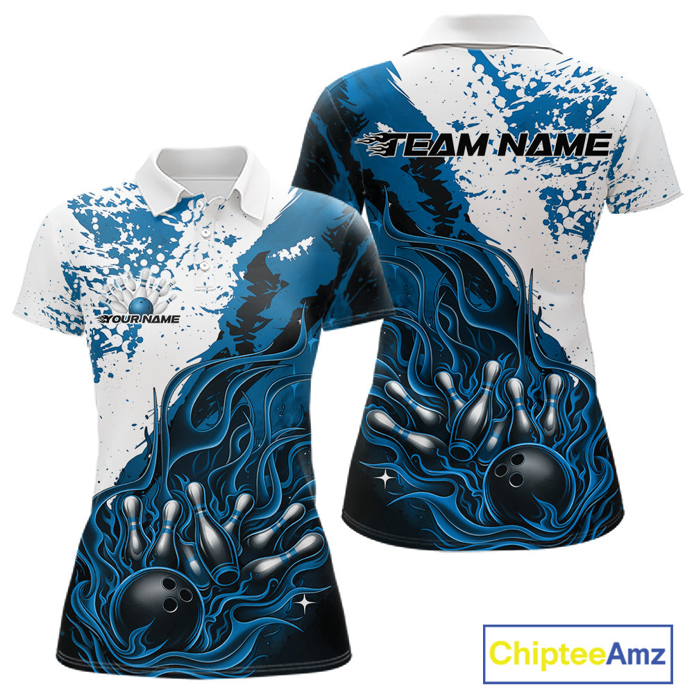 Front and back view womens bowling polo shirt mockup, black blue and white colorway, flame bowling ball and pins artwork, clean ecommerce apparel showcase