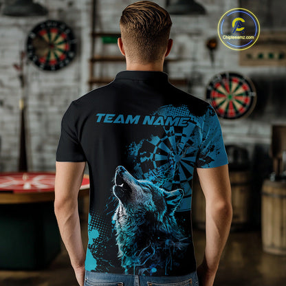 Custom Black And Blue Splatter Grunge Dart Wolf Men Polo Shirts, Wolf Dart Team Jerseys IPHW10010