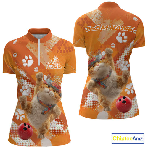Custom Funny Orange Cat Bowling Women Quarter-Zip Shirt, Cute Team Cat Paw Bowling Shirt IPHW10102