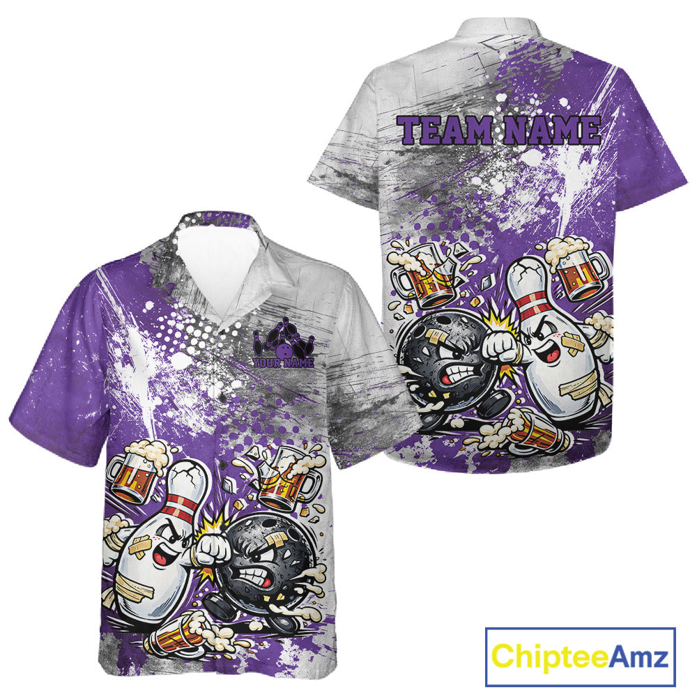 Front and back view of a black button-up bowling shirt mockup with purple and white grunge splatter background and funny cartoon bowling ball and pin fist-fighting illustration.