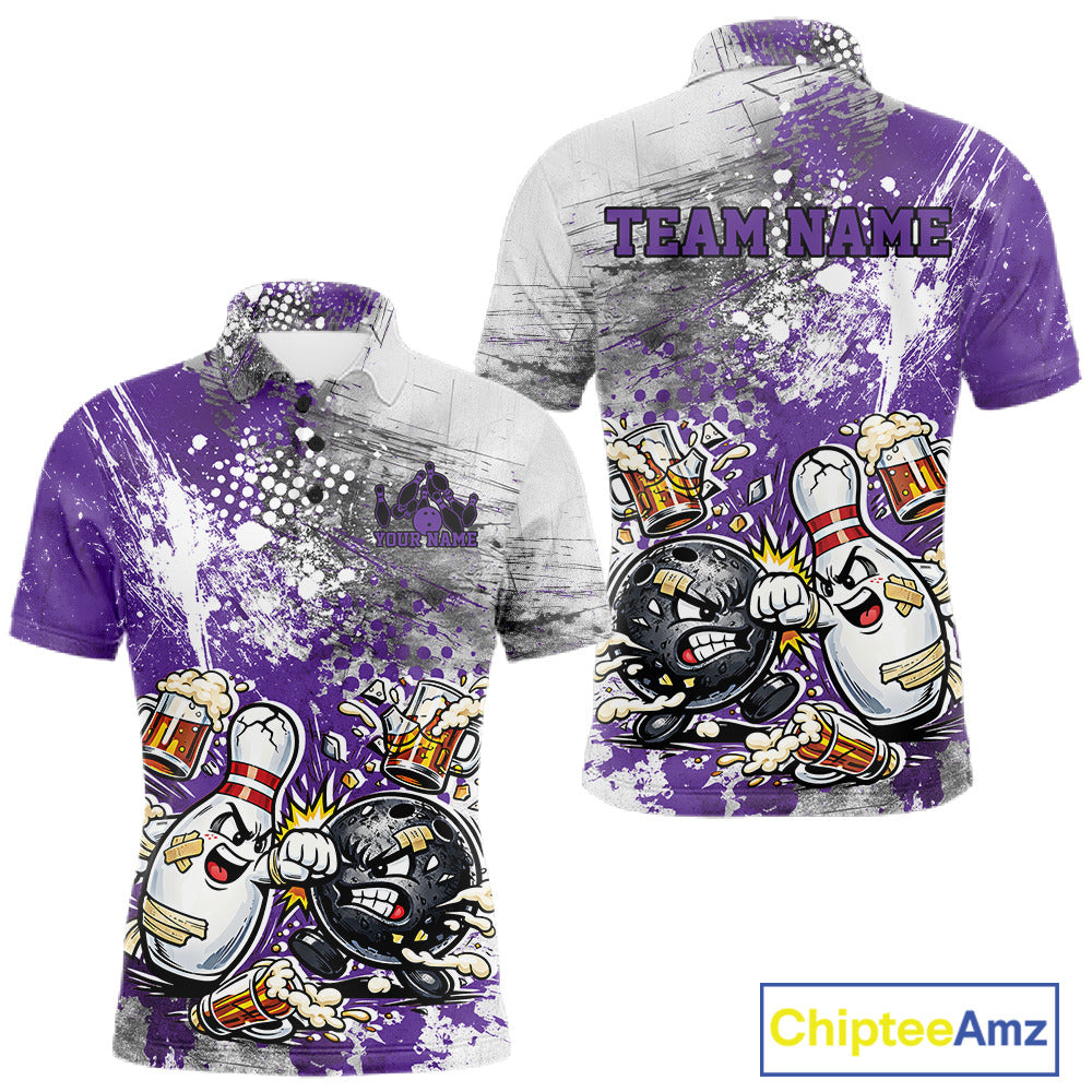 Front and back view of a mens bowling polo shirt mockup with purple and white grunge splatter background featuring a funny cartoon bowling ball and pin fist-fighting.